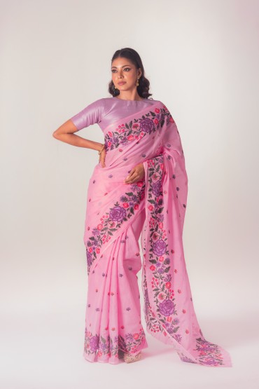 Floral Embroidered Cotton Sari